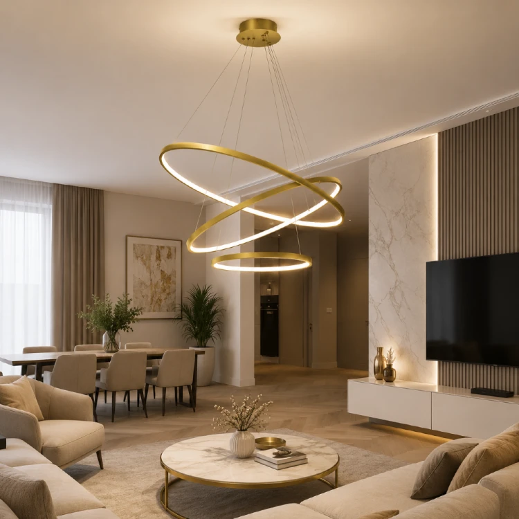 Nowoczesna lampa wisząca HOOP ML1547 to designerskie oświetlenie LED z trzema złotymi pierścieniami o średnicach 80, 60 i 40 cm. Regulowana wysokość oraz neutralne światło 4000K zapewniają komfort użytkowania i wyjątkowy efekt wizualny.