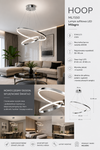 Nowoczesna lampa sufitowa HOOP LED wyróżnia się lekką formą i efektownymi pierścieniami świetlnymi. Neutralne światło 4000K zapewnia komfort użytkowania, a chromowana konstrukcja idealnie komponuje się z wnętrzami glamour i modern.