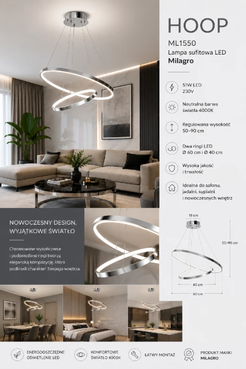 Nowoczesna lampa sufitowa HOOP LED wyróżnia się lekką formą i efektownymi pierścieniami świetlnymi. Neutralne światło 4000K zapewnia komfort użytkowania, a chromowana konstrukcja idealnie komponuje się z wnętrzami glamour i modern.