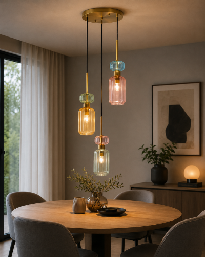 MOLLY ML1825 to designerska lampa wisząca z kolorowego szkła i złotych detali. Pastelowe klosze w odcieniach różu, błękitu i pomarańczu nadają wnętrzu wyjątkowego charakteru oraz przytulnej atmosfery.