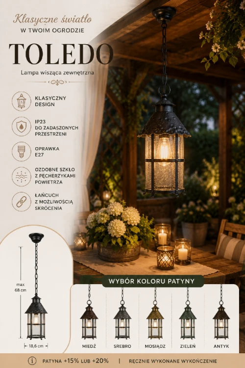 Klasyczna lampa wisząca TOLEDO K 1018/1/R zachwyca ponadczasowym wzornictwem inspirowanym tradycyjnymi latarniami. Możliwość skrócenia łańcucha oraz wybór patynowanego wykończenia pozwalają dopasować ją do każdej aranżacji.