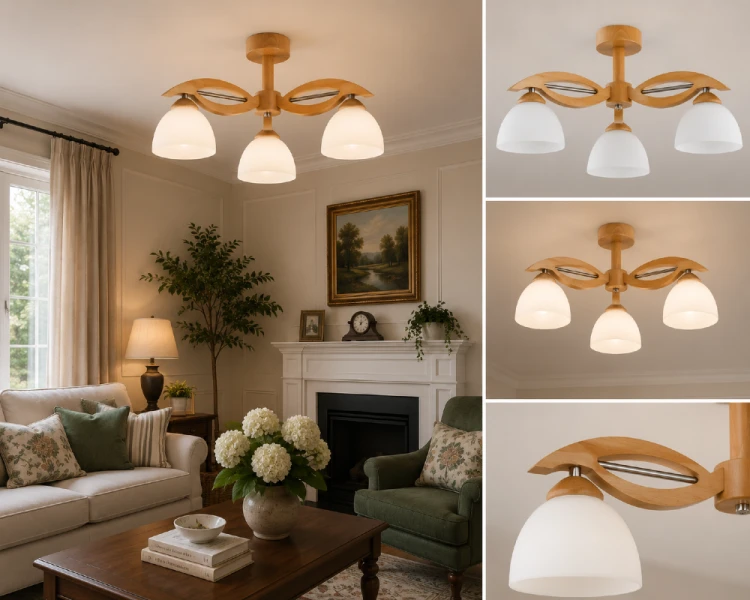 Lampa sufitowa EMIR 3pł Alfa 22203 z trzema białymi kloszami i drewnianą oprawą – eleganckie oświetlenie do salonu, jadalni lub sypialni, wykonane z drewna, metalu i szkła, z wymiennymi źródłami światła 3 x E27 60W.