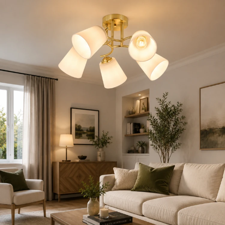 Stylowa lampa sufitowa PAFOS 5xE27 w kolorze złotym to idealne rozwiązanie do nowoczesnych i klasycznych wnętrz. Białe klosze subtelnie rozpraszają światło, tworząc przyjemną atmosferę. Solidne wykonanie z metalu i szkła gwarantuje trwałość