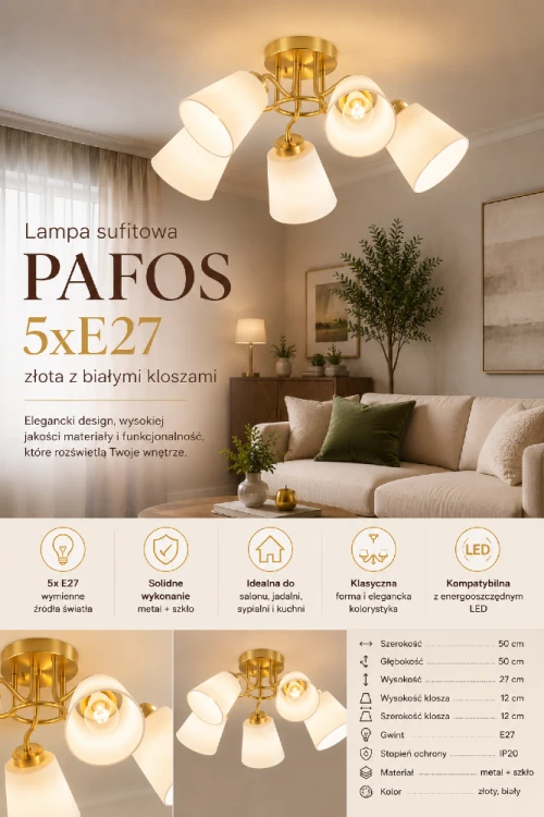 Nowoczesna lampa sufitowa PAFOS 5xE27 Milagro zapewnia funkcjonalne oświetlenie i wyjątkowy wygląd wnętrza. Pięć źródeł światła równomiernie rozświetla pomieszczenie, a eleganckie złote detale dodają aranżacji luksusowego charakteru.