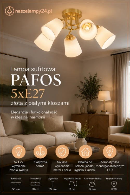 Lampa sufitowa PAFOS złota z białymi kloszami to połączenie estetyki i praktyczności. Dzięki pięciu punktom świetlnym sprawdzi się jako główne oświetlenie salonu, jadalni lub sypialni. Możliwość zastosowania energooszczędnych żarówek LED.