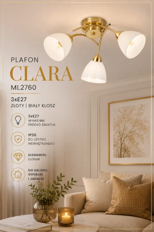 Stylowa lampa sufitowa CLARA ML2760 wyposażona została w trzy oprawki E27 umożliwiające montaż energooszczędnych żarówek LED. Połączenie szkła i metalu tworzy elegancką dekorację wnętrza oraz zapewnia przyjemne, równomierne oświetlenie.