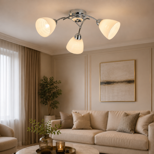 Nowoczesna lampa sufitowa CLARA chrom 3xE27 łączy elegancję i funkcjonalność. Mleczne klosze tworzą miękkie światło, idealne do codziennego użytkowania. Doskonała do każdego wnętrza