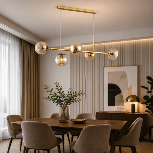 DANSA 63019 to designerska lampa wisząca z pięcioma złotymi kloszami w formie kul. Geometryczna konstrukcja i modne złote wykończenie idealnie wpisują się w aranżacje nowoczesne, glamour oraz modern classic. Doskonała nad stół i do salonu