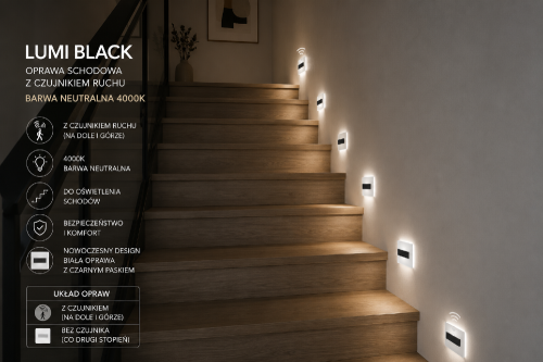 LUMI BLACK EKS704 LED 4000K to energooszczędna oprawa schodowa montowana bezpośrednio na 230V. Doskonale sprawdzi się na schodach, w holach i ciągach komunikacyjnych, podnosząc bezpieczeństwo oraz estetykę nowoczesnych aranżacji.