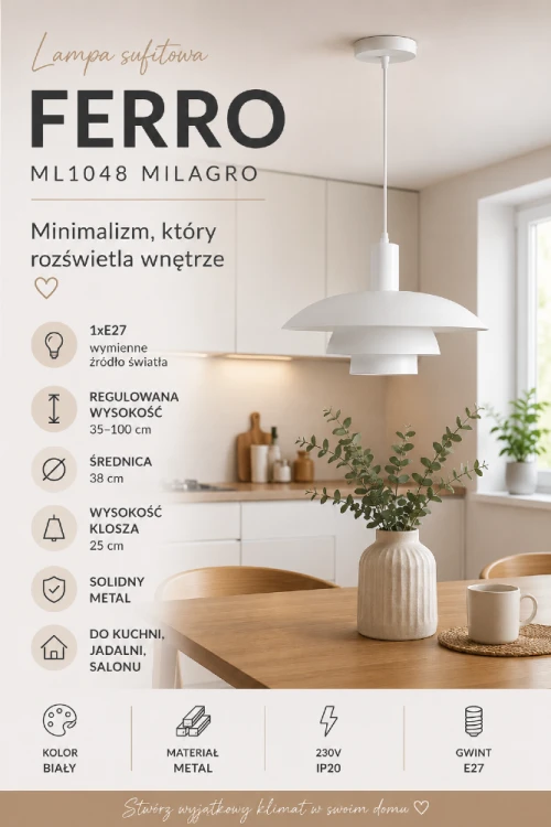 Lampa wisząca FERRO 1xE27 wyróżnia się minimalistycznym wzornictwem i uniwersalnym białym wykończeniem. Dzięki regulowanej wysokości i solidnej metalowej konstrukcji doskonale sprawdzi się nad stołem, barkiem lub wyspą kuchenną.