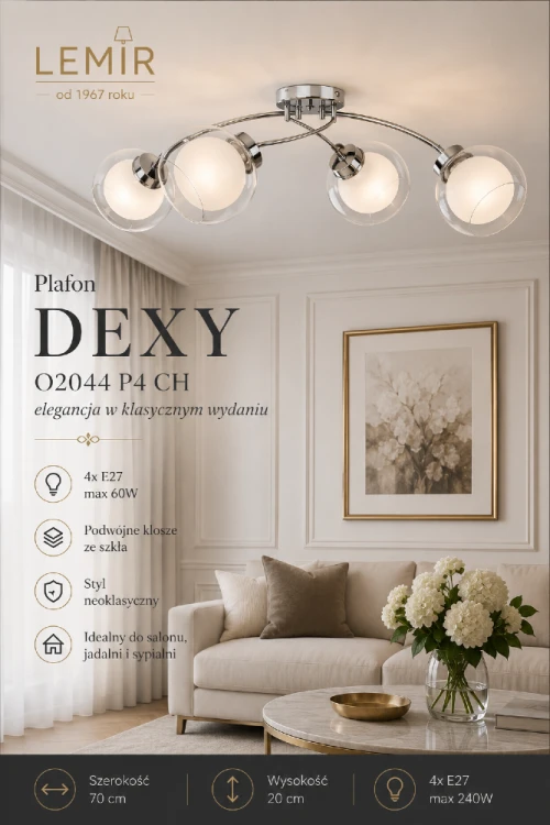 Elegancki plafon DEXY chrom marki Lemir łączy ponadczasowe wzornictwo z funkcjonalnością. Cztery szklane klosze równomiernie rozpraszają światło, a szerokość 70 cm sprawia, że lampa efektownie prezentuje się w większych pomieszczeniach.
