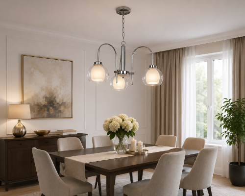 Lampa wisząca DEXY 3xE27 chrom marki Lemir zachwyca eleganckim połączeniem chromowanej konstrukcji i podwójnych szklanych kloszy. Styl neoklasyczny oraz podział świecenia 1+2 sprawiają, że idealnie pasuje do salonu, jadalni i kuchni.