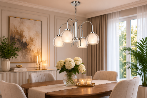 DEXY O2044 W4 CH to elegancka lampa wisząca z czterema źródłami światła E27. Transparentne klosze z mlecznym dyfuzorem zapewniają przyjemne oświetlenie, a chromowane wykończenie podkreśla charakter wnętrz glamour i modern classic.
