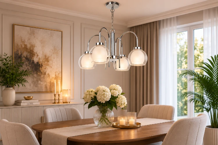 DEXY O2044 W4 CH to elegancka lampa wisząca z czterema źródłami światła E27. Transparentne klosze z mlecznym dyfuzorem zapewniają przyjemne oświetlenie, a chromowane wykończenie podkreśla charakter wnętrz glamour i modern classic.