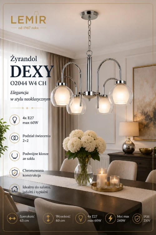 Szukasz stylowego żyrandola do salonu lub jadalni? DEXY 4xE27 marki Lemir łączy ponadczasowe wzornictwo z wysoką funkcjonalnością. Cztery szklane klosze, chromowana armatura i podział świecenia 2+2 gwarantują komfort użytkowania.