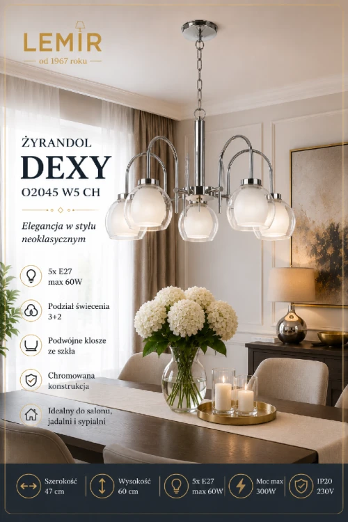 Elegancki żyrandol DEXY marki Lemir zachwyca chromowanym wykończeniem i pięcioma szklanymi kloszami. Funkcja świecenia 3+2 pozwala dopasować ilość światła do potrzeb, a ponadczasowy design podkreśla charakter stylowych wnętrz.