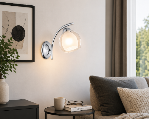 ALTEA O2230 K1 CH to stylowy kinkiet wyposażony w oprawkę E27 i efektowny klosz z transparentnego szkła z mlecznym dyfuzorem. Chromowane wykończenie nadaje lampie elegancji, a uniwersalna forma pasuje do wielu aranżacji wnętrz.