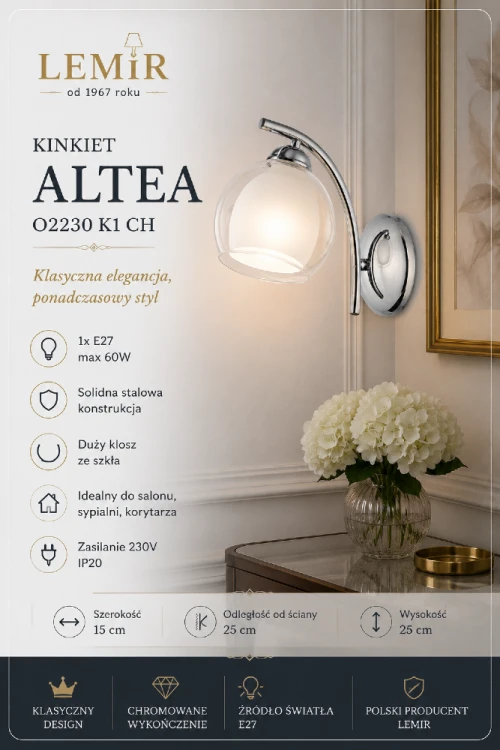 Elegancki kinkiet ALTEA chrom marki Lemir łączy ponadczasowe wzornictwo z funkcjonalnością. Szklany klosz zapewnia przyjemne rozproszenie światła, a kompaktowe wymiary sprawiają, że lampa idealnie sprawdzi się jako dodatkowe oświetlenie ścienne.