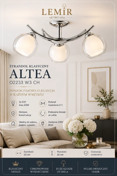Stylowy żyrandol ALTEA marki Lemir łączy ponadczasowy design z funkcjonalnością. Trzy źródła światła E27 zapewniają komfortowe oświetlenie, a podwójne szklane klosze efektownie rozpraszają światło i podkreślają elegancję wnętrza.