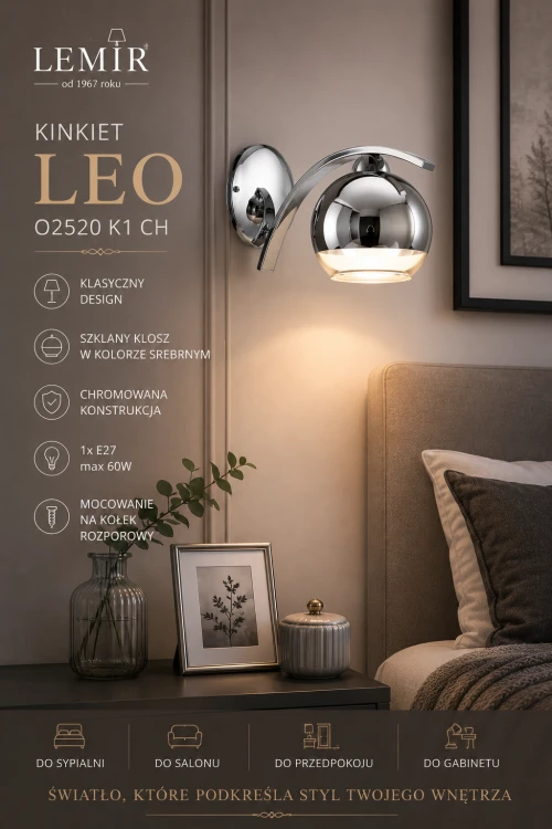 Elegancki kinkiet LEO marki Lemir łączy funkcjonalność i efektowny design. Chromowana armatura, szklany srebrny klosz oraz oprawka E27 tworzą wyjątkowe oświetlenie do sypialni, salonu, korytarza i strefy wypoczynkowej.