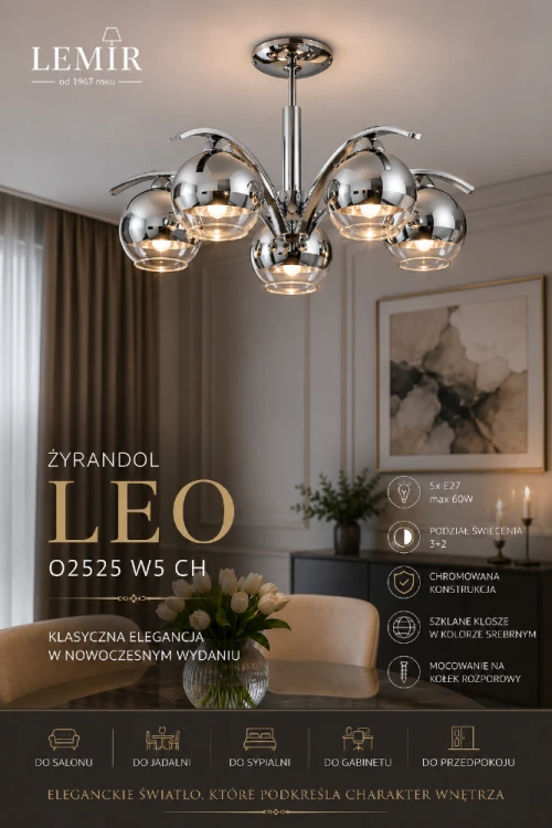 Stylowy żyrandol LEO marki Lemir zachwyca chromowaną armaturą i pięcioma szklanymi kloszami w kolorze srebrnym. Doskonale sprawdzi się jako główne oświetlenie salonu, jadalni, gabinetu lub sypialni, tworząc wyjątkowy klimat.
