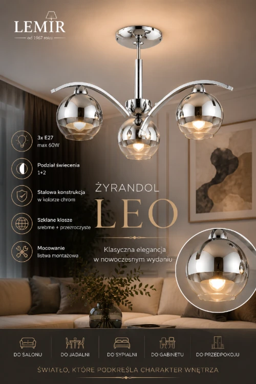 LEO chrom 3xE27 to stylowy żyrandol z efektownymi srebrnymi kloszami ze szkła. Nowoczesna forma, chromowane wykończenie i możliwość stosowania żarówek LED czynią go doskonałym wyborem do sypialni, gabinetu i salonu.