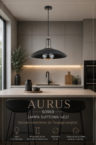 AURUS Alfa 60969 to stylowa lampa wisząca z kloszem amber, która tworzy przytulny klimat we wnętrzu. Czarny metal, średnica 47 cm i regulowana wysokość sprawiają, że idealnie pasuje nad stół, wyspę kuchenną lub barek.