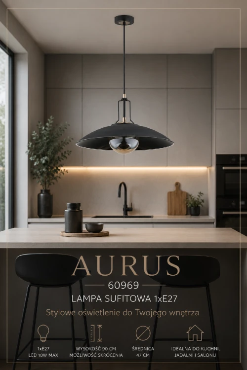 AURUS Alfa 60969 to stylowa lampa wisząca z kloszem amber, która tworzy przytulny klimat we wnętrzu. Czarny metal, średnica 47 cm i regulowana wysokość sprawiają, że idealnie pasuje nad stół, wyspę kuchenną lub barek.