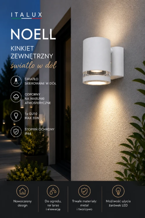 Biały kinkiet zewnętrzny NOELL Italux to eleganckie oświetlenie elewacyjne do domu i ogrodu. Wykonany z metalu i tworzywa, wyposażony w oprawkę GU10 i klasę szczelności IP44. Doskonały na taras, schody oraz strefę wejściową.