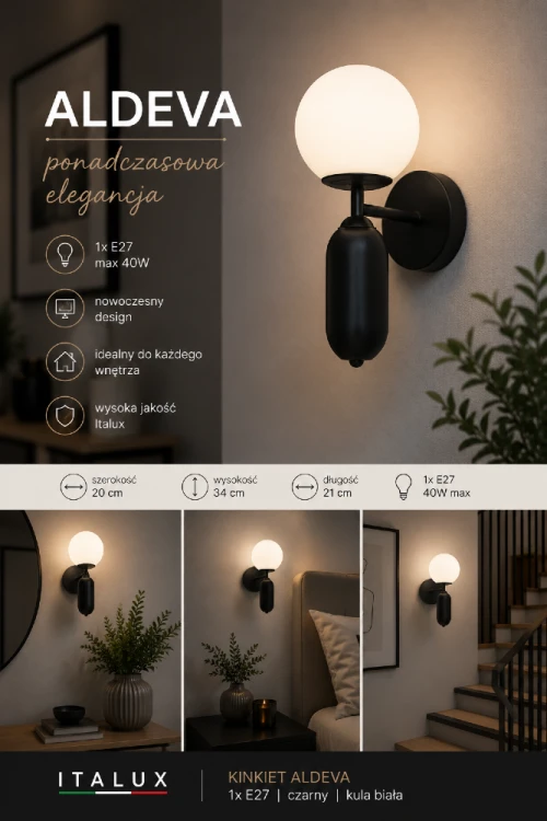 Stylowy kinkiet ścienny ALDEVA Italux z kulistym kloszem z mlecznego szkła to idealny wybór do nowoczesnych i loftowych aranżacji. Oprawka E27 umożliwia dobór odpowiedniej barwy światła do każdego pomieszczenia