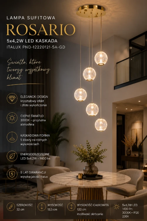 Nowoczesna lampa wisząca ROSARIO 5x4,2W LED Italux idealnie sprawdzi się nad schodami, stołem lub w wysokim salonie. Kaskadowe rozmieszczenie kloszy, ciepła barwa światła 3000K i złote detale tworzą luksusowy efekt wizualny.