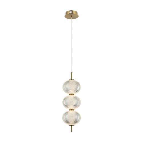Lampa wisząca LED 13W w kolorze mosiądzu zachwyca eleganckim designem i ciepłym światłem 3000K. Trzy dekoracyjne klosze tworzą wyjątkowy efekt świetlny. Idealna nad stół, wyspę kuchenną, do salonu, jadalni lub nowoczesnej sypialni.