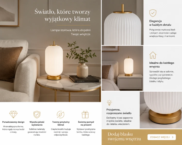 Stylowa lampka stołowa OLMETO 1xE27 to doskonały wybór do nowoczesnych i glamour wnętrz. Biały klosz z ryflowanego szkła delikatnie rozprasza światło, a złote wykończenie dodaje elegancji. Idealna na stolik nocny lub komodę.