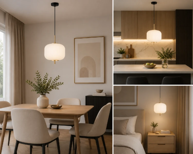 Lampa wisząca OLMETO Italux zachwyca eleganckim połączeniem złotych detali i ryflowanego klosza z białego szkła opalowego. Delikatnie rozprasza światło, tworząc przytulną atmosferę. Idealna do salonu, jadalni, sypialni lub kuchni.