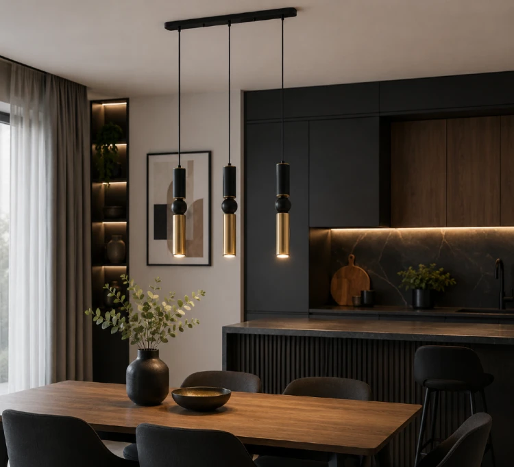 Nowoczesna lampa sufitowa ISIDORA z trzema zwisami to idealne rozwiązanie do kuchni, jadalni i salonu. Smukła forma, regulowana wysokość oraz modne wykończenie w kolorze czarnym i brązu antycznego tworzą efektowną dekorację wnętrza.