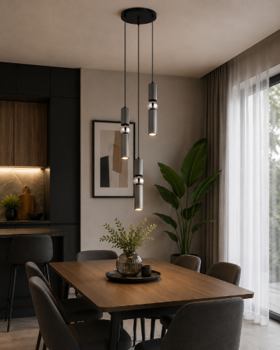 Nowoczesna lampa sufitowa ISIDORA z trzema punktami świetlnymi doskonale sprawdzi się w jadalni, kuchni i salonie. Smukła forma, regulowana wysokość oraz wykończenie w kolorze szarym i chromowanym podkreślają charakter wnętrza.