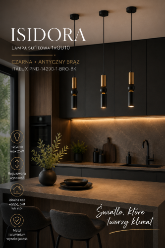 Nowoczesna lampa sufitowa ISIDORA to stylowe oświetlenie do kuchni, jadalni i salonu. Minimalistyczny design, regulowana wysokość oraz modne wykończenie w kolorze czarnym i antycznego brązu podkreślają charakter wnętrza