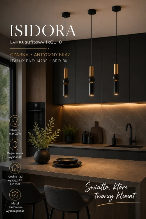 Nowoczesna lampa sufitowa ISIDORA to stylowe oświetlenie do kuchni, jadalni i salonu. Minimalistyczny design, regulowana wysokość oraz modne wykończenie w kolorze czarnym i antycznego brązu podkreślają charakter wnętrza
