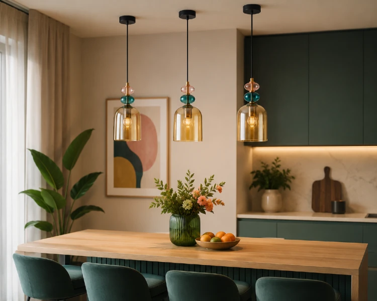 Designerska lampa wisząca BUSCO z bursztynowym kloszem subtelnie ociepla światło i buduje przytulny klimat wnętrza. Regulowana wysokość zawieszenia pozwala idealnie dopasować oprawę nad stół, wyspę lub stolik kawowy.