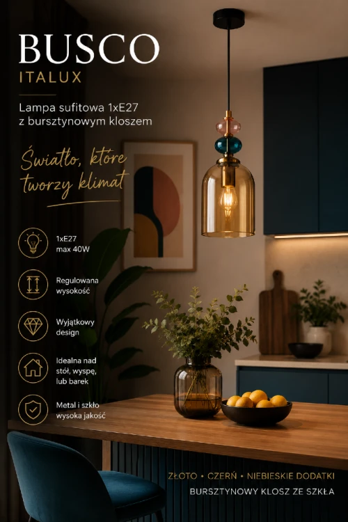 Nowoczesna lampa sufitowa BUSCO 1xE27 to wyjątkowa dekoracja wnętrza inspirowana stylem art déco. Bursztynowe szkło, złote elementy i dekoracyjne niebieskie dodatki tworzą efektowną kompozycję do salonu, jadalni i kuchni.