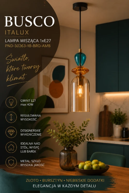 Lampa wisząca BUSCO Italux zachwyca bursztynowym kloszem oraz dekoracyjnymi detalami w odcieniach błękitu i złota. To wyjątkowe oświetlenie do salonu, jadalni i kuchni, które tworzy przytulny klimat i podkreśla charakter wnętrza.
