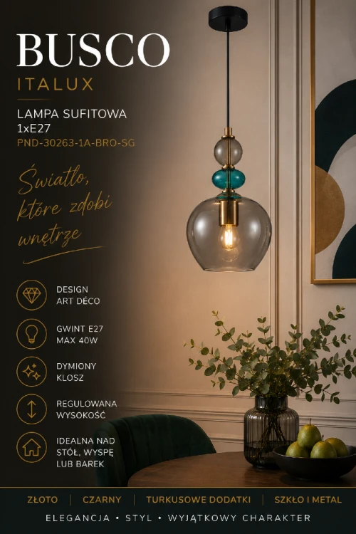 Lampa sufitowa BUSCO marki Italux łączy funkcjonalność z niepowtarzalnym wzornictwem. Dymiony klosz subtelnie rozprasza światło, a dekoracyjne turkusowe dodatki przyciągają wzrok i podkreślają charakter wnętrza.