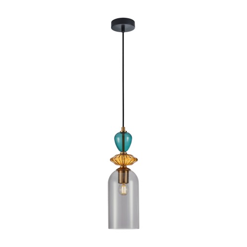 Lampa wisząca BUSCO 1xE27 Italux zachwyca połączeniem dymionego szkła, złotych detali i turkusowych akcentów. Designerska forma inspirowana stylem art déco sprawia, że doskonale prezentuje się nad stołem, wyspą kuchenną lub barkiem.