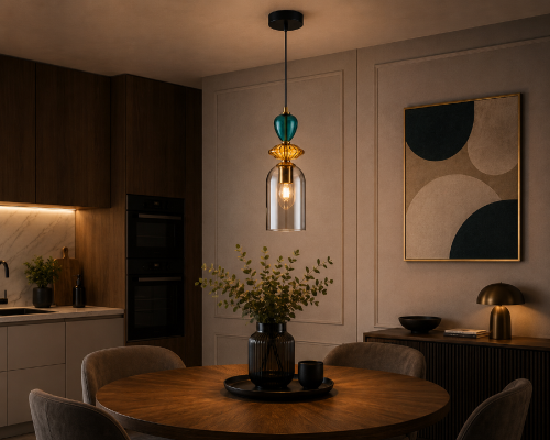 BUSCO Italux to elegancka lampa wisząca z dymionym kloszem i dekoracyjnymi szklanymi elementami. Połączenie czerni, złota i turkusu tworzy wyjątkową kompozycję, która podkreśla charakter nowoczesnych wnętrz.