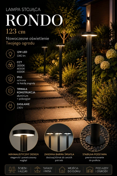 Słupek ogrodowy LED RONDO 123 cm zapewnia skuteczne oświetlenie posesji dzięki strumieniowi świetlnemu 1140 lm. Aluminiowa konstrukcja, klosz z poliwęglanu oraz stopień ochrony IP65 gwarantują trwałość przez cały rok.