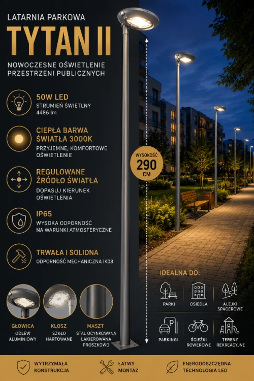 Nowoczesna latarnia zewnętrzna TYTAN II o wysokości 290 cm zapewnia skuteczne oświetlenie przestrzeni publicznych. Wydajny moduł LED 50W emituje ciepłe światło 3000K, tworząc przyjazną atmosferę wokół budynków.