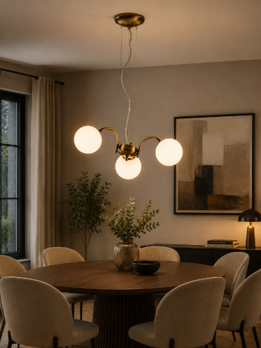 Lampa wisząca NOL Lemir zachwyca klasycznym wzornictwem i dekoracyjnym wykończeniem w kolorze patyny. Trzy mleczne klosze równomiernie rozpraszają światło, tworząc przytulną atmosferę we wnętrzu.
