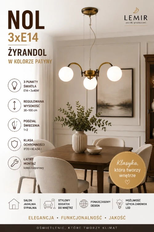 Żyrandol NOL 3xE14 z białymi kulami ze szkła doskonale wpisuje się w aranżacje klasyczne, retro i modern classic. Regulowana wysokość od 30 do 100 cm pozwala dopasować lampę do każdego pomieszczenia.