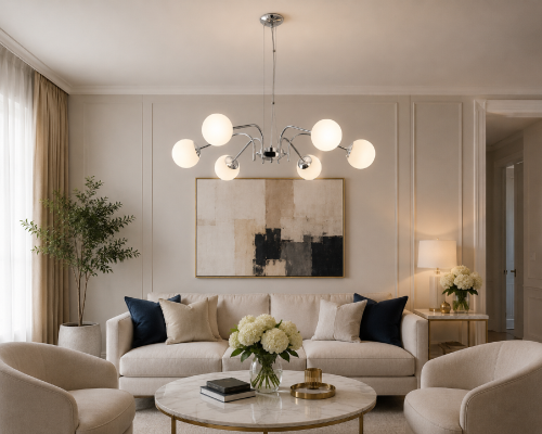Lampa wisząca NOL Lemir zachwyca eleganckim wykończeniem w kolorze chromu oraz sześcioma kulistymi kloszami. Regulowana wysokość od 30 do 100 cm pozwala idealnie dopasować oświetlenie do każdego pomieszczenia.