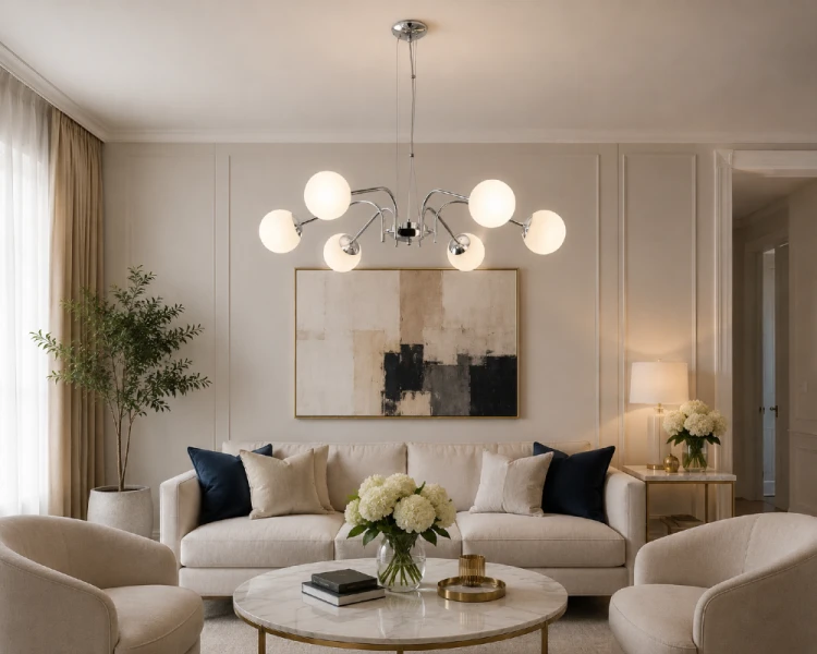 Lampa wisząca NOL Lemir zachwyca eleganckim wykończeniem w kolorze chromu oraz sześcioma kulistymi kloszami. Regulowana wysokość od 30 do 100 cm pozwala idealnie dopasować oświetlenie do każdego pomieszczenia.